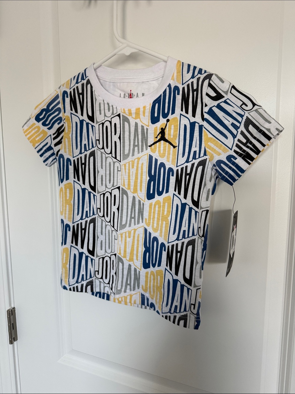 Jordan Boys' Short Sleeve Allover Logo Tee - White/Blue/Yellow
